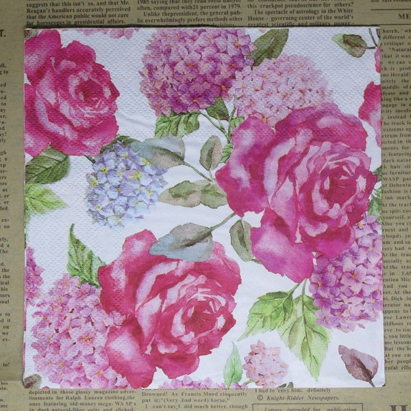 Paper Napkins (Pack of 2) Roses and Hydrangeas Pink and Blue