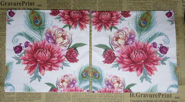 Paper Napkins (Pack of 2) Pink Flowers Peacock Feathers