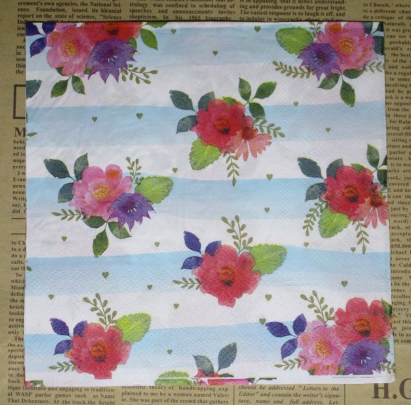 Paper Napkins (Pack of 2) Flowers Blue Stripes Foliage