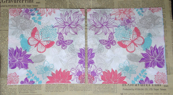 Paper Napkins (Pack of 2) Butterfly and Flowers Pink Purple and Blue