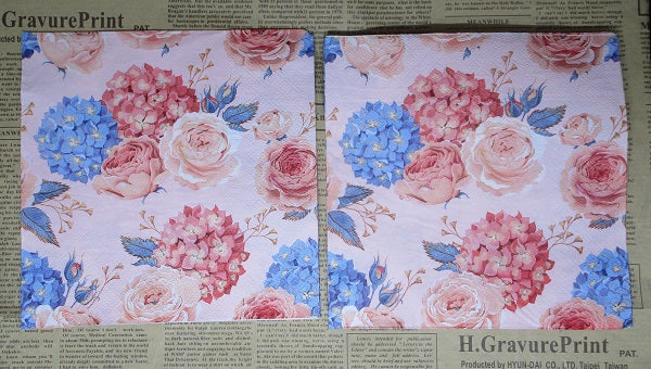 Paper Napkins (Pack of 2) Hydrangea Roses Coral and Blue