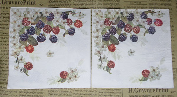 Paper Napkins (Pack of 2) Black and Red Raspberrys White Flowers