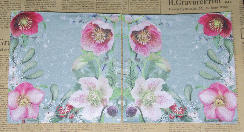 Paper Napkins (Pack of 2) Pink and Cream Flowers with Snow.