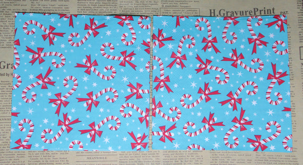 Paper Napkins (Pack of 2) Candy Cane with Bow on Blue Background