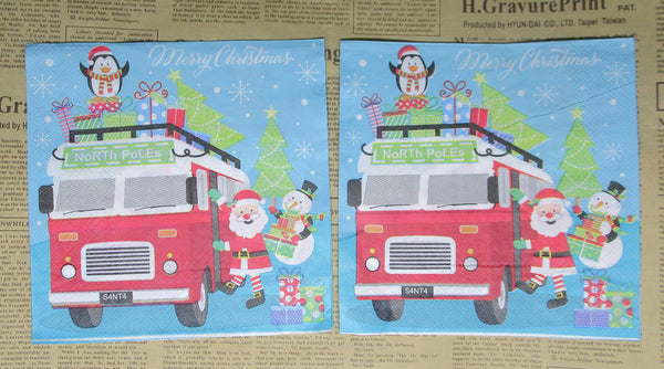 Paper Napkins (Pack of 2) North Pole Bus with Santa, Snowman and Penguin Merry Christmas