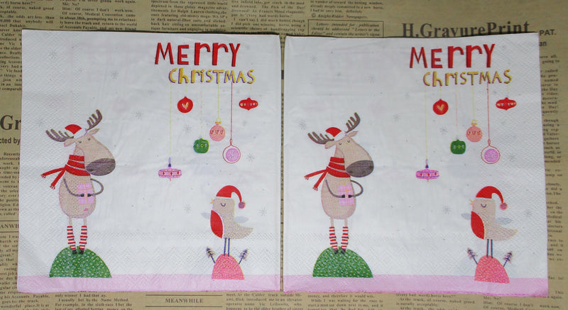 Paper Napkins (Pack of 2) Merry Christmas Reindeer and Bird