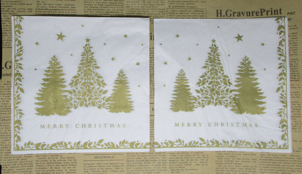 Paper Napkins (Pack of 2) Christmas Trees Gold Decorative Border.