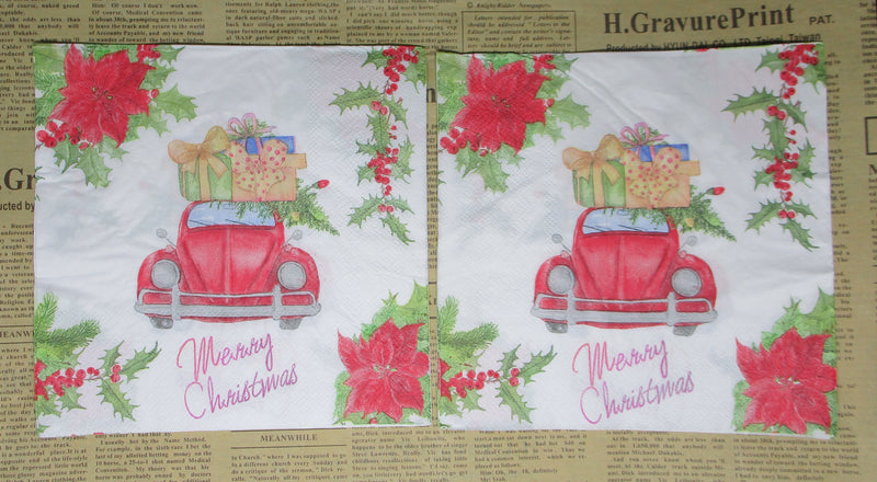 Paper Napkins (Pack of 2) Volkswagen Beetle Car with Presents and Holly, Poinsettia Flowers