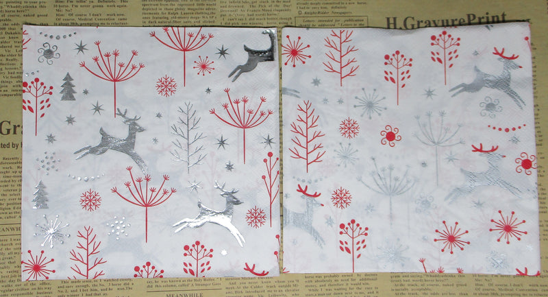 Paper Napkins (Pack of 2) Foiled Gold Silver Reindeer and Red Trees