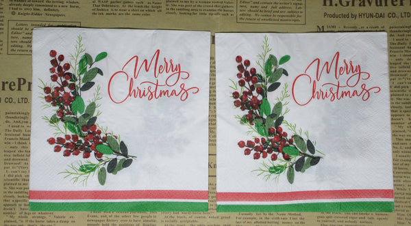 Paper Napkins (Pack of 2) Merry Christmas Mistletoe and Berries Cocktail