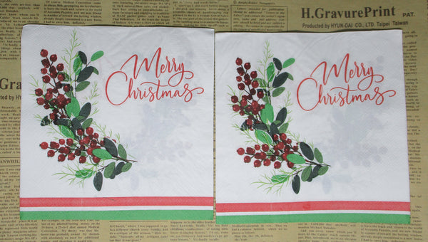 Paper Napkins (Pack of 2) Merry Christmas Mistletoe and Berries Luncheon