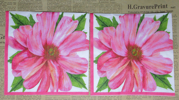 Paper Napkins (Pack of 2) Large Pink Flower Green Leaves