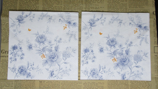 Paper Napkin (Pack of 2) Soft Blue Flowers with Leaves and Butterflys