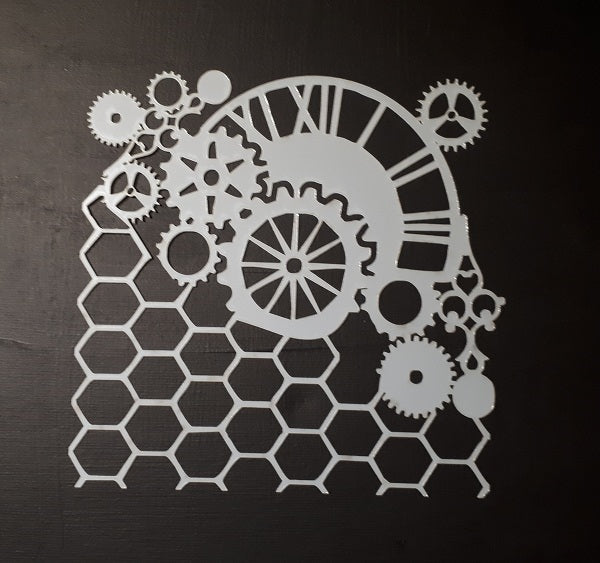 Stencil 6x6inch Mixed Steam Punk Cogs Clock and Honeycomb