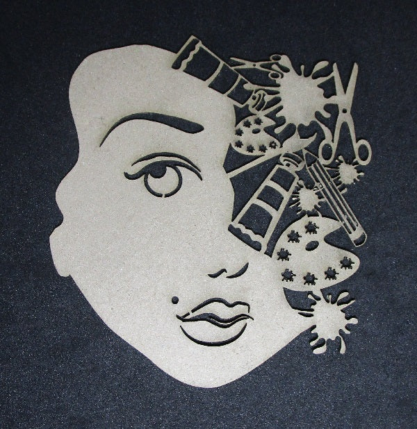 Chipboard Face with Art Supplies, Paint Brush, Scissors Small
