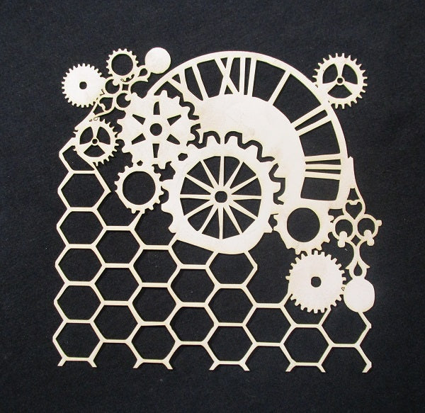 White Mixed Media Cardstock 6 x 6 honeycomb wire and Cogs Collage